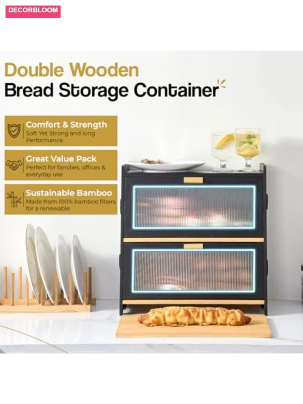 2-Tier Bamboo Bread Box with Cutting Board & Adjustable Vents